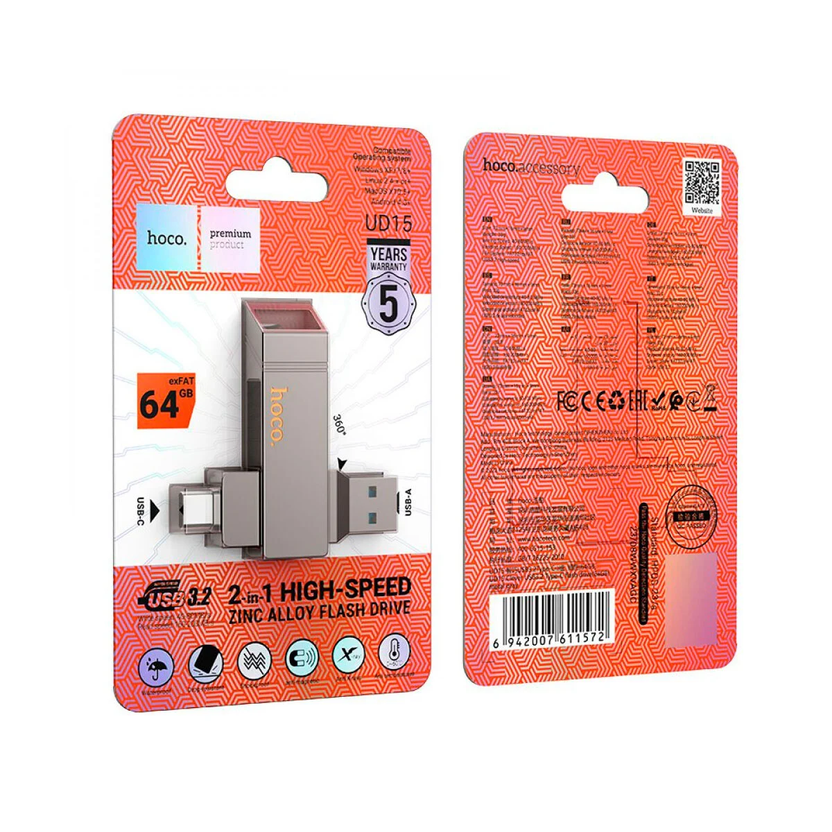 Pendrive Dual Tipo C Usb 3.0 Hoco Ud15 64Gb Metal - Imagen 3