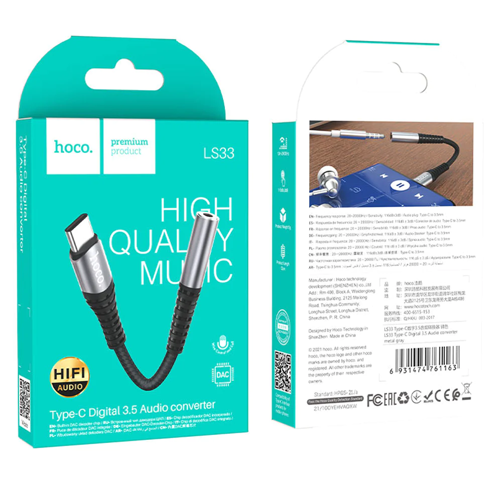 Adaptador Convertidor de Audio Tipo C a 3.5mm Hoco Ls33 Gris - Imagen 3